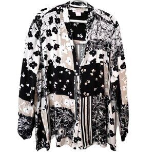 ALLISON DALEY WOMAN BUTTON-DOWN TUNIC, Black, white & tan floral print Size 2X